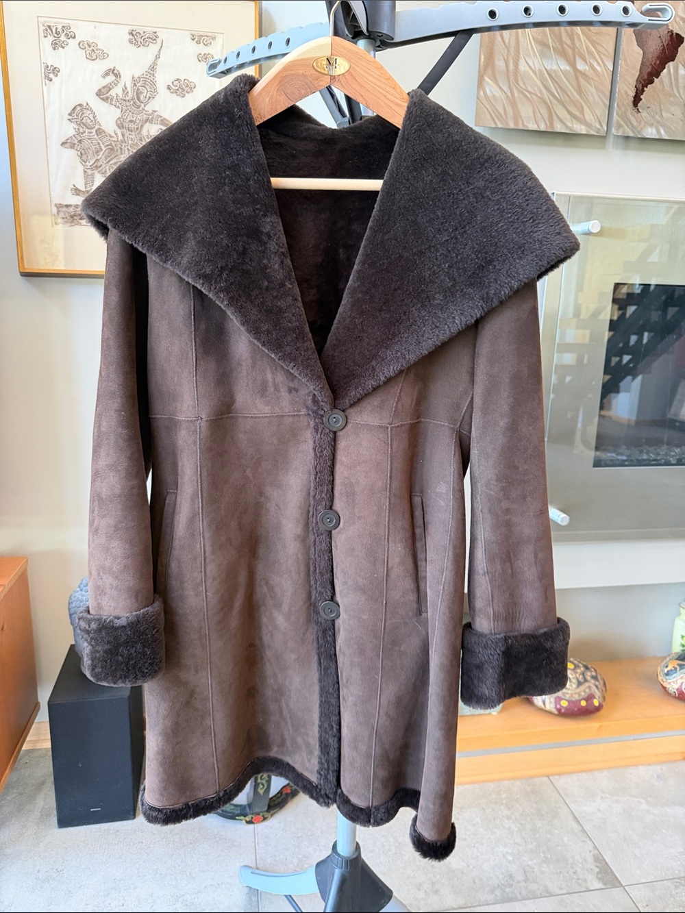 Blue Duck Chocolate Brown Shearling Coat with Wide Collar Hood - Women Size S - Picture 3 of 11